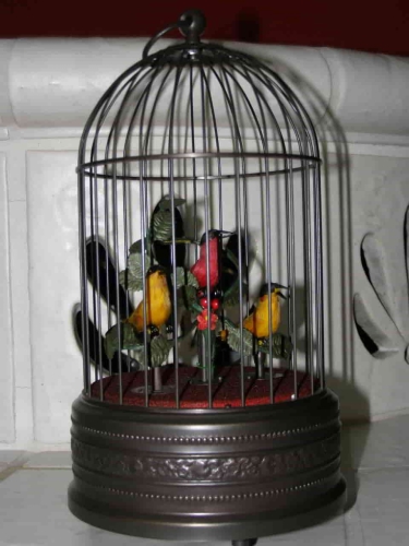 Singvogelautomat mit drei Vögeln
